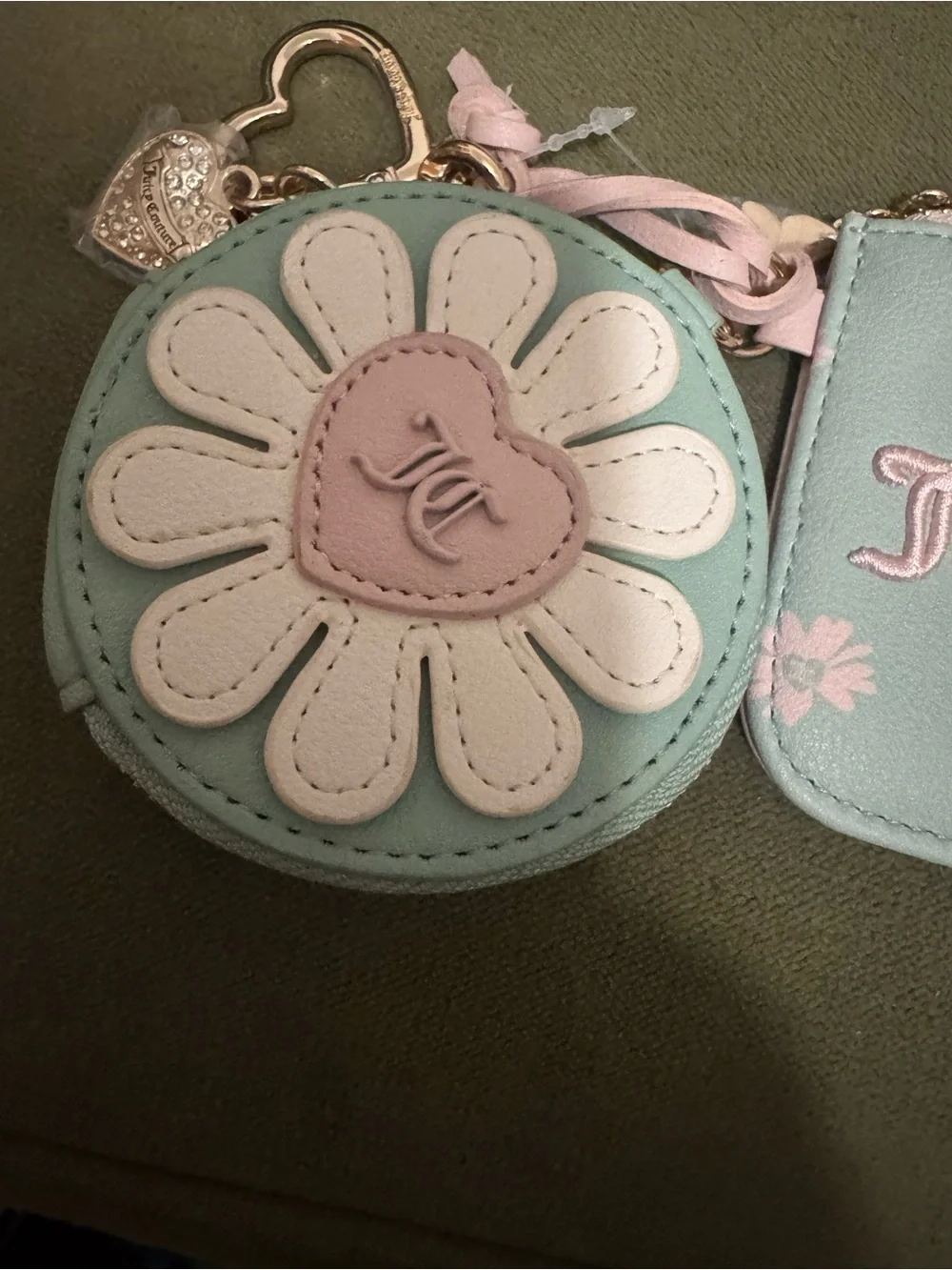 Juicy Couture Mint & Pink Floral Coin Pouch and Keyring Set